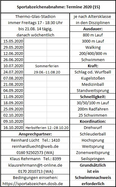 Trainings- / Abnahmetermine Sportabzeichen 2020 bei der DJK Brakel
